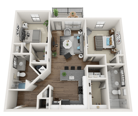 Floor plan for 2 beds, 2 baths, 1157 sqft